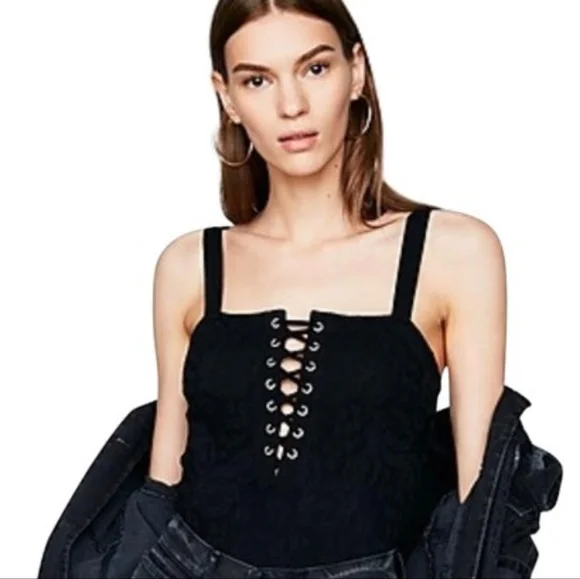 Express Tops Express Black Lace Up With Gromets Thong Bodysuit